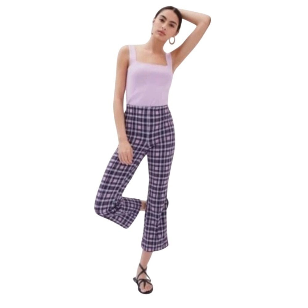 Maeve Anthropologie Purple Plaid High Rise Flare Leg Crop Pants Small EUC